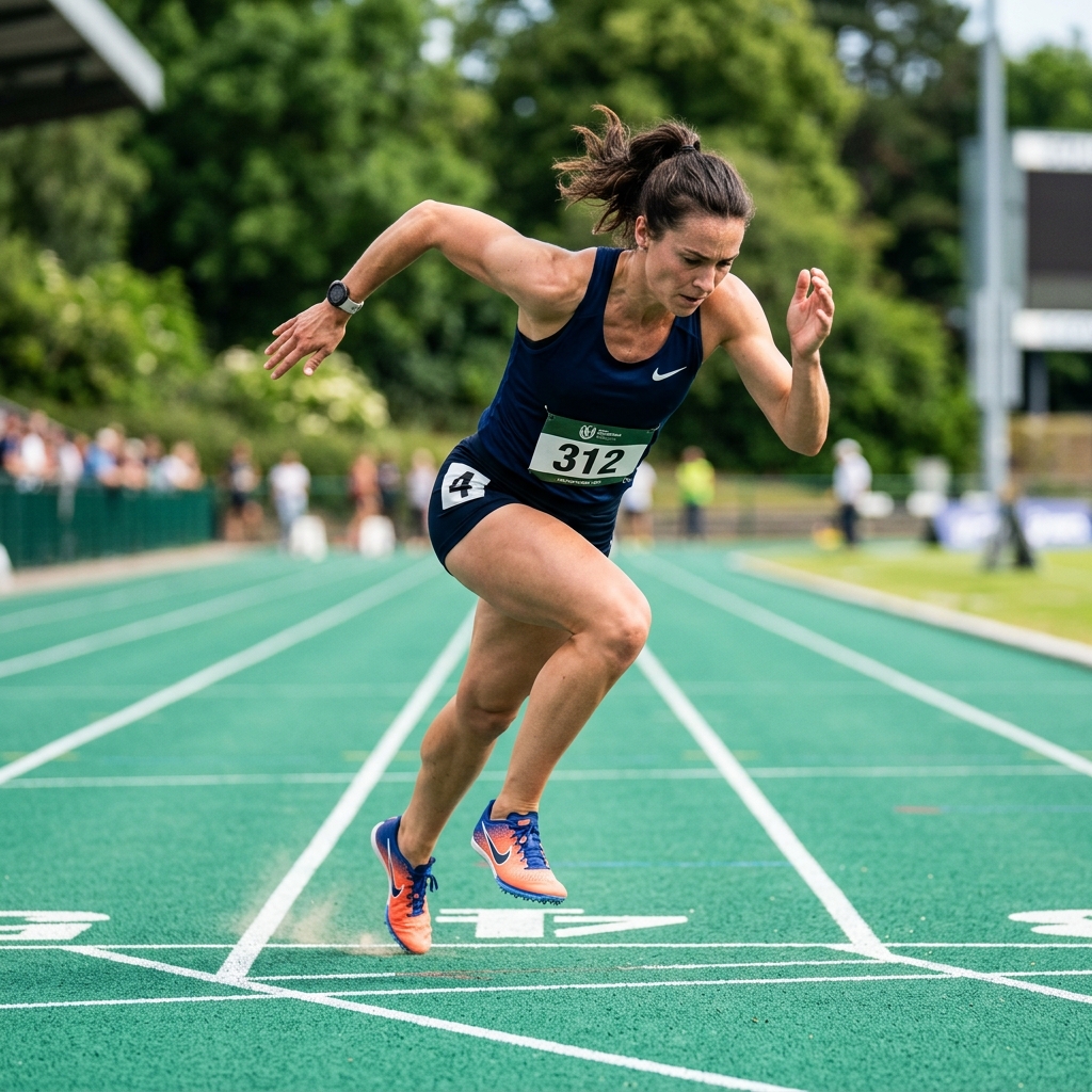 Athlete starting a sprint on outdoor green track